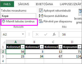Opcijas Mainīt tabulas izmērus sadaļā Tabulas rīki