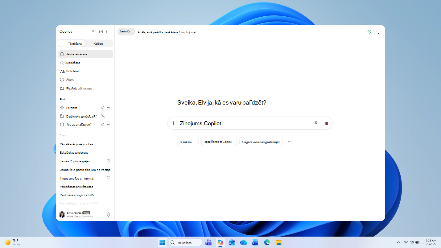 Ekrānuzņēmums, kurā redzams Microsoft Copilot programmas sākuma ekrāns darbvirsmā.