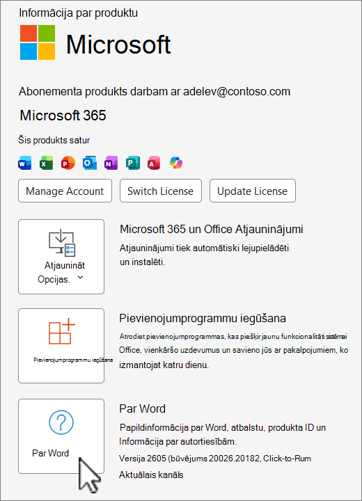 Ekrānuzņēmums, kurā redzams Office 365 versijas skats.