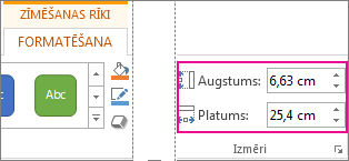 Lodziņi Augstums un Platums cilnē Zīmēšanas rīki/Formatēšana