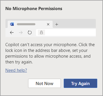 Kļūdas dialoglodziņš Bez mikrofona atļaujām programmā Copilot.