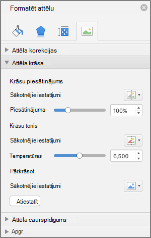 Krāsu piesātinājuma iestatījumu pielāgošana rūtī Attēla formatēšana