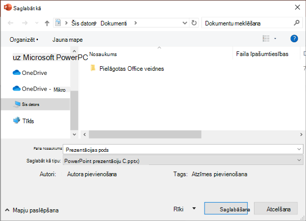 Mantotā opcija Saglabāt kā programmā PowerPoint