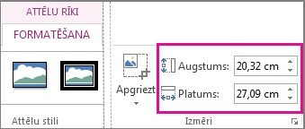 Lodziņi Augstums un Platums cilnē Attēlu rīki/Formatēšana