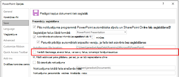 Ekrānuzņēmums ar PowerPoint dialoglodziņu Opcijas, kurā iezīmēts iestatījums neizmantot Backstage, saglabājot ar īsinājumtaustiņiem