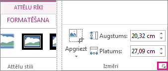 Dialoglodziņa ikona kontekstcilnes Attēlu rīki cilnes Formatēšana grupā Izmēri