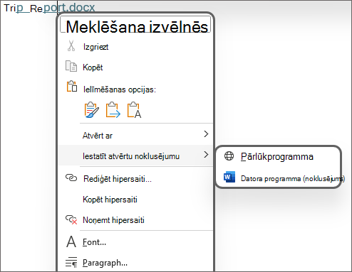Attēls ar opcijām Iestatīt atvēršanas noklusējumu kā pārlūku vai datora lietojumprogrammu (noklusējums).