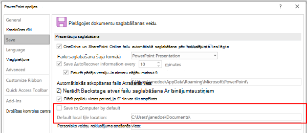 Ekrānuzņēmums ar PowerPoint dialoglodziņu Opcijas, kurā iezīmēta sadaļa noklusējuma atrašanās vietas pielāgošanai
