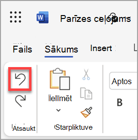 Poga Atsaukt programmā Microsoft Word tīmeklim.