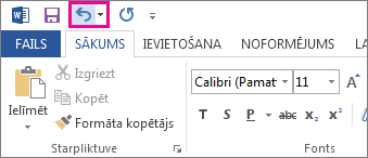 Komanda Atsaukt ātrās piekļuves rīkjoslā