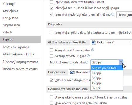 Noklusējuma attēla izšķirtspējas iestatīšana