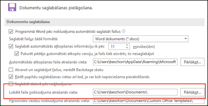 Saglabāšanas opcijas programmā Word, kurās redzams noklusējuma darba mapes iestatījums