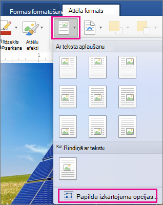 Cilnē Attēla formatēšana ir iezīmēta pozīcija un citas izkārtojuma opcijas.