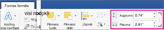 On the Shape Format tab, the Height and Width boxes are highlighted.