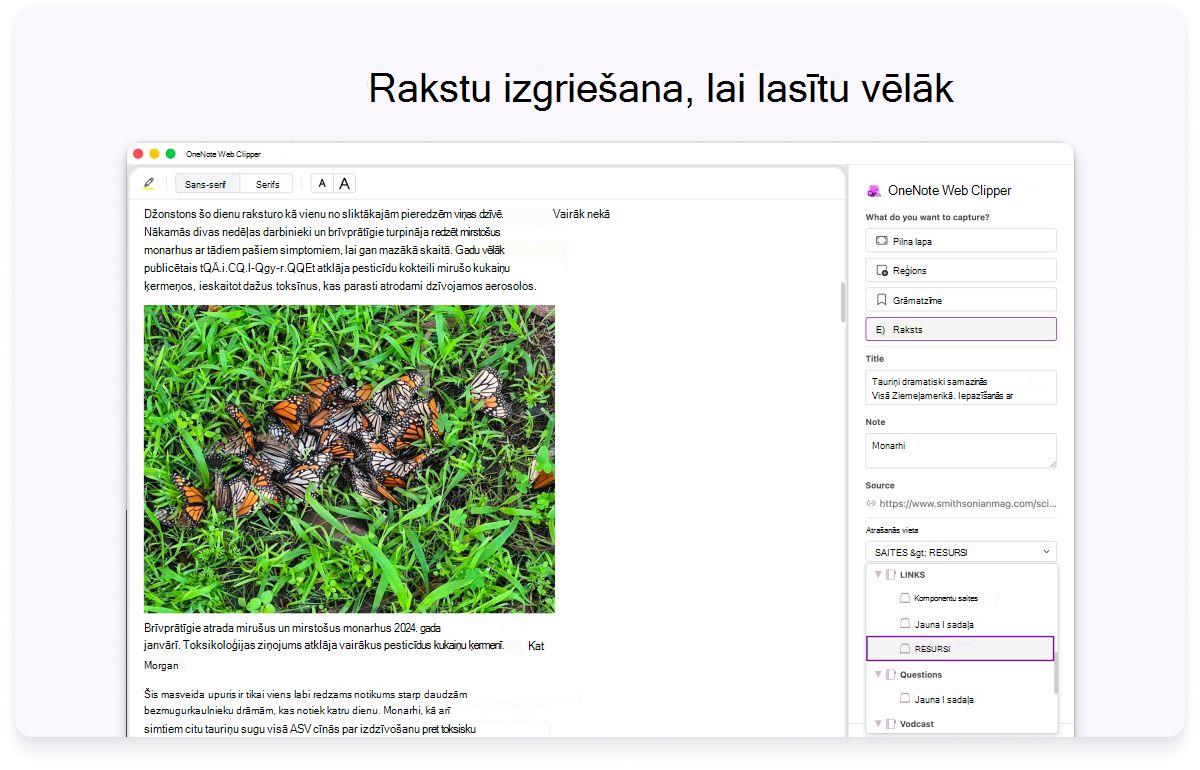 Ekrānuzņēmums ar tīmekļa lapu, kurā redzams sānu panelis iestatījumiem. Teksts augšpusē liek izgriezt rakstus lasīšanai vēlāk.