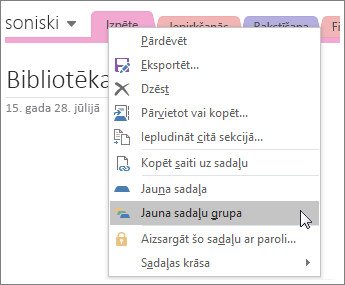 Ekrānuzņēmums, kurā parādīta jaunas sadaļu grupas izveide programmā OneNote 2016.