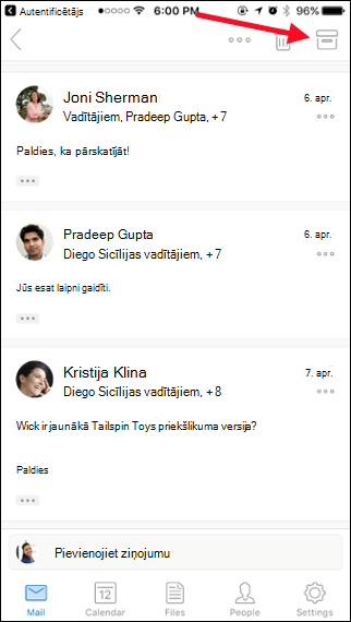 Varat arhivēt ziņojumu, pieskaroties pogai Arhīvs