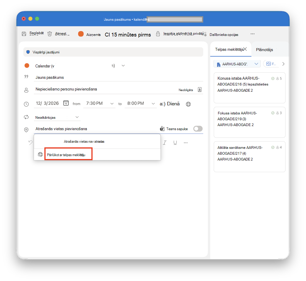 Pārlūkošana, izmantojot telpas meklētāju programmā Outlook darbam ar Mac