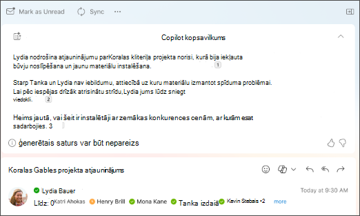 E-pasta pavediena kopsavilkums ar Copilot izveidotām atsaucēm.