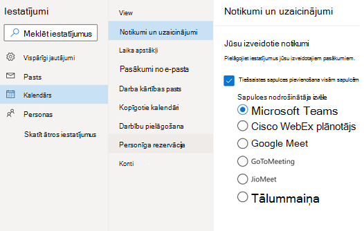 Outlook tīmeklī — atlasiet noklusējuma tiešsaistes sapulces nodrošinātāju