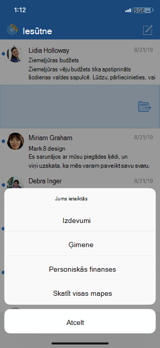 Parāda iesūtni ar mapju opciju sarakstu un opciju, lai skatītu visas mapes.
