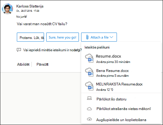 Ieteikto failu pievienošana programmā Outlook.