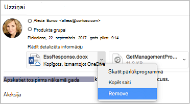 Atlasiet lejupvērsto bultiņu un Noņemt, lai noņemtu pielikumu