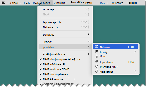 Mac iestatījumu skats Filtrēt pēc nelasīta