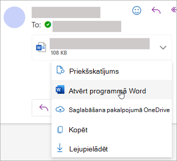 Ekrānuzņēmums, kurā redzama nolaižamā izvēlne pielikuma atvēršanai programmā Word