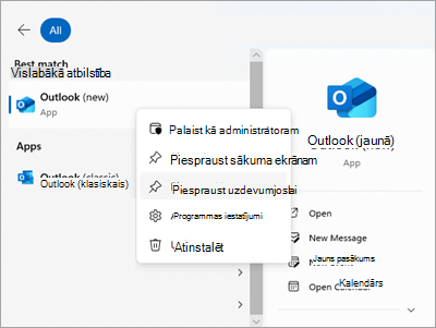 Ekrānuzņēmums, kurā redzama programma Outlook sākuma ekrānā ar komandu Piespraust uzdevumjoslai