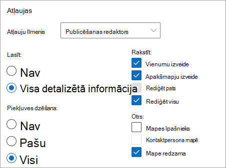 Ekrānuzņēmums, kurā kā atļauju līmenis atlasīts Publicēšanas redaktors