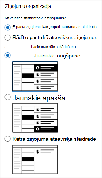 Ekrānuzņēmums, kurā redzama iestatījumu pasta >> lasīšanas rūts un redzama ziņojuma organizācijas sadaļa.