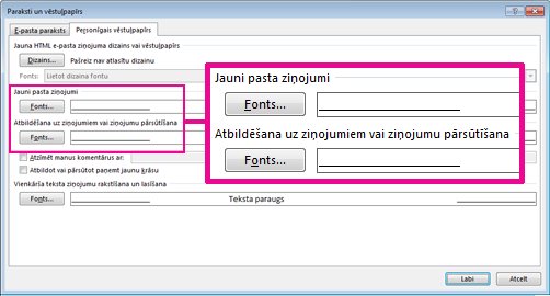 Dialoglodziņa Paraksti un vēstuļpapīrs komanda Fonts
