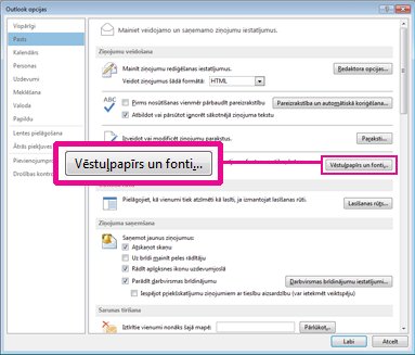 Dialoglodziņa Outlook opcijas komanda Vēstuļpapīrs un fonti