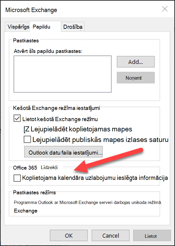 Koplietojamā kalendāra uzlabojumus varat ieslēgt, izmantojot izvēles rūtiņu.