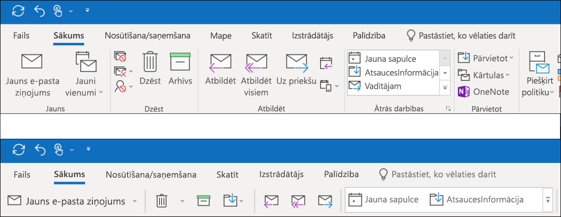 Tagad programmā Outlook varat izvēlēties kādu no divām dažādām lentes lietošanas iespējām.