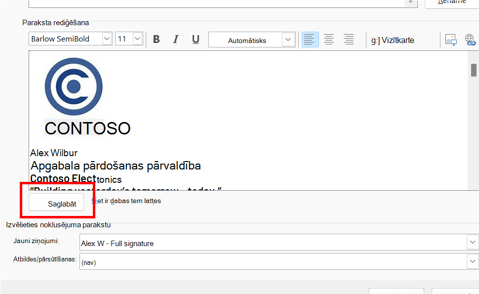 Outlook parakstu redaktors ar iezīmētu pogu Saglabāt.