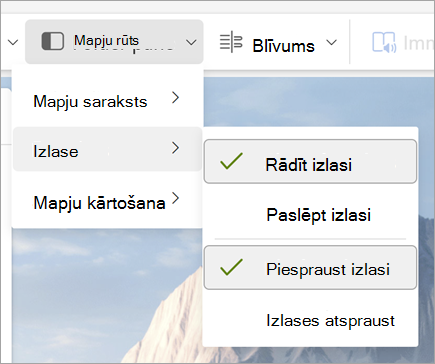 Ekrānuzņēmums ar mapju rūts nolaižamo izvēlni, kurā atlasīti vienumi Rādīt izlasi un Piespraust izlases vienumus