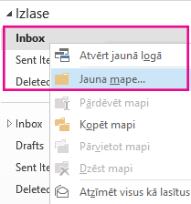 Jaunu apakšmapi varat izveidot, izmantojot izvēlni, kuru var atvērt, noklikšķinot ar peles labo pogu.