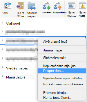 Parāda Exchange mapes kontekstizvēlni, kurā atlasīts rekvizīts