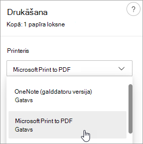 Ekrānuzņēmums, kurā redzama Microsoft Print to PDF atlase