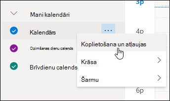 Ekrānuzņēmums ar kursoru, kas novietots virs sadaļas Kopīgošana un atļaujas kalendāra kontekstizvēlnē