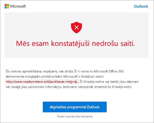 Ekrānuzņēmums ar brīdinājuma par nedrošu saiti ekrānu