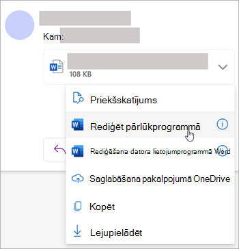 Ekrānuzņēmums, kurā redzama pielikuma nolaižamā izvēlne ar atlasītu opciju Rediģēt pārlūkprogrammā