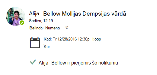Ekrānuzņēmums ar sapulces uzaicinājumu, kuru akceptējis pārstāvis.