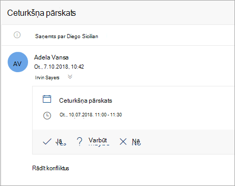 Ekrānuzņēmums ar sapulces uzaicinājumu, kas nosūtīts pārstāvim
