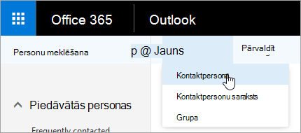 Ekrānuzņēmums ar pogas Jauns kontekstizvēlni, kurā atlasīta kontaktpersona.