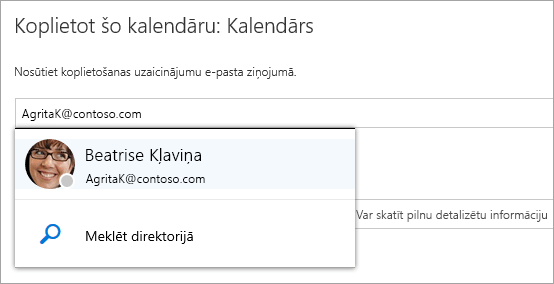 Ekrānuzņēmums ar kalendāra koplietošanas dialoglodziņu.