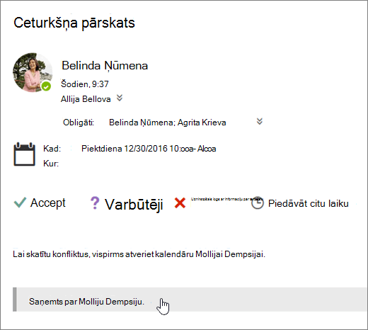 Ekrānuzņēmums ar sapulces uzaicinājumu, kas nosūtīts uz koplietojamu kalendāru.