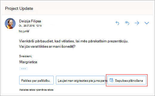 Ekrānuzņēmums ar ieteikto atbildi, lai ieplānotu sapulci